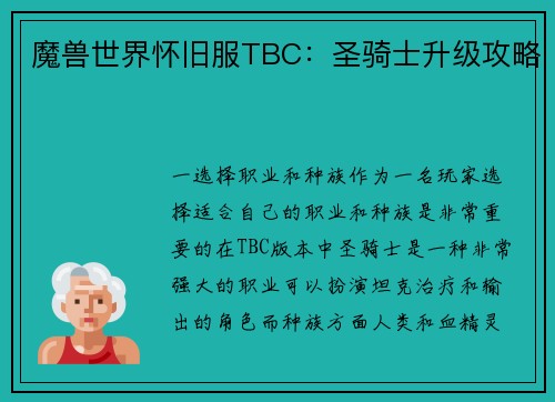 魔兽世界怀旧服TBC：圣骑士升级攻略